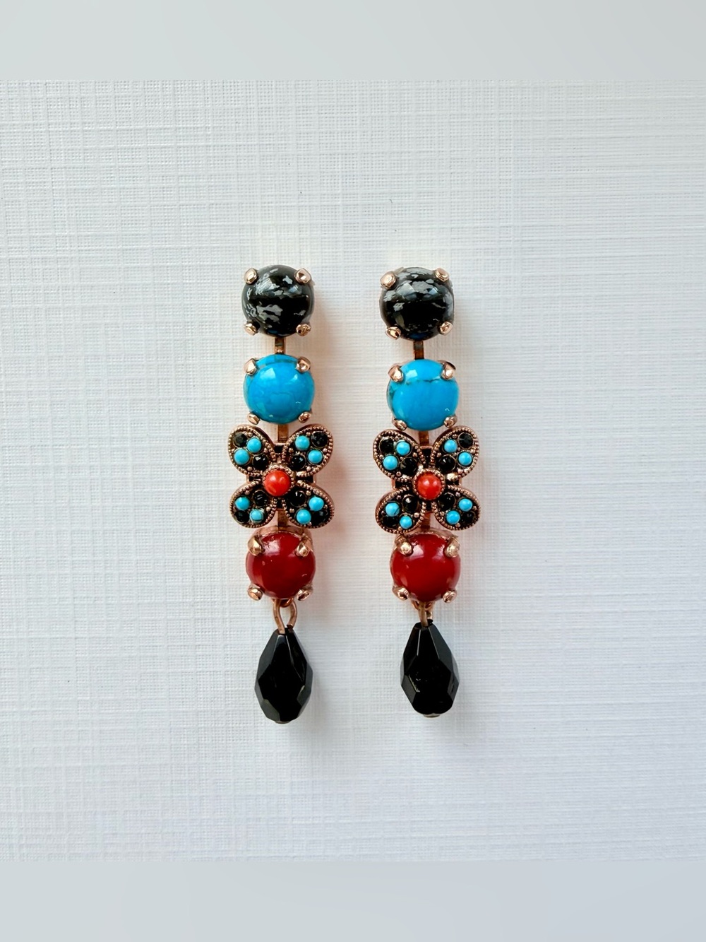 Vintage Amaro Earrings NWT Handcrafted Turquoise, Obsidian, Red Coral